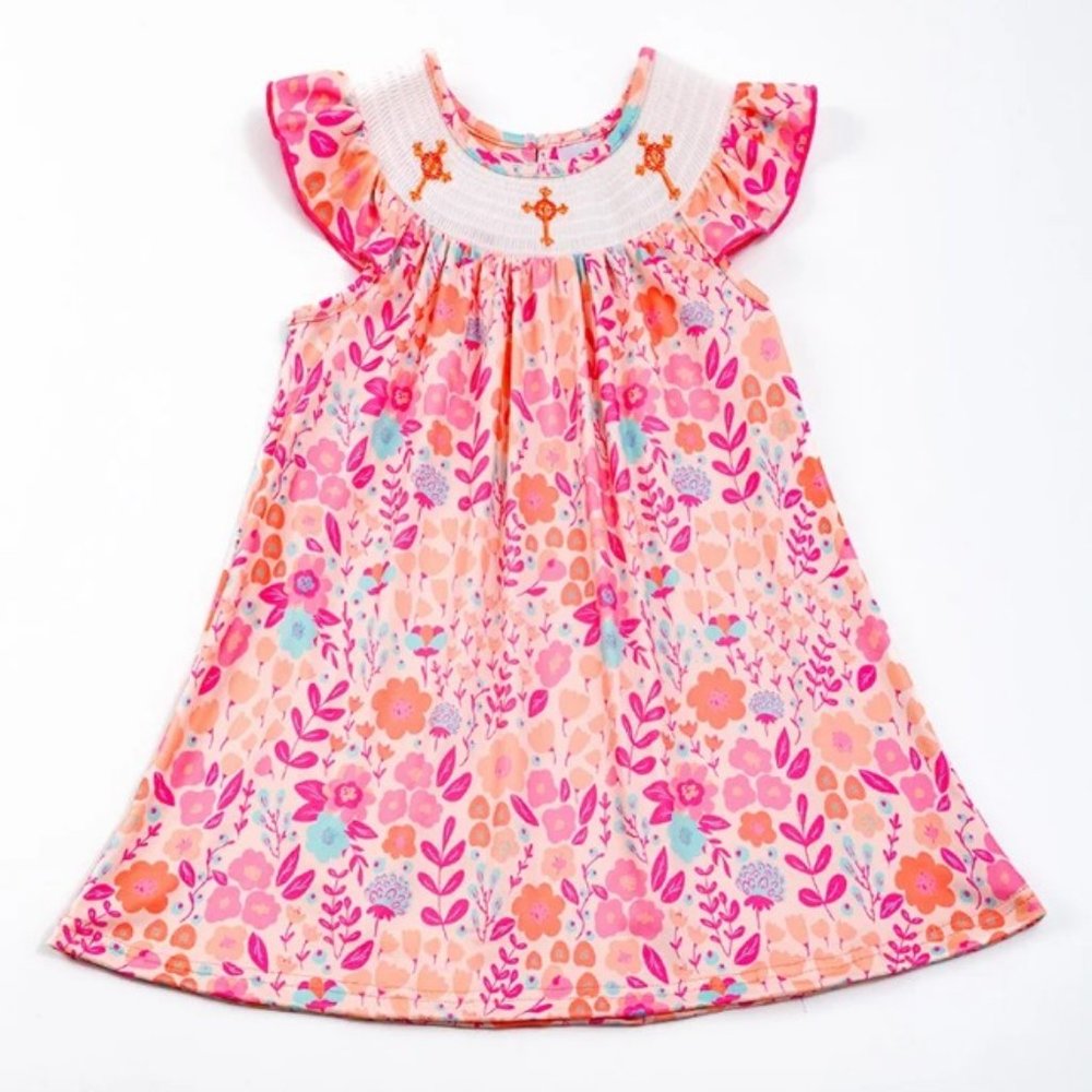 Boutique Easter Cross Girls Smocked Embroidered Floral Dress